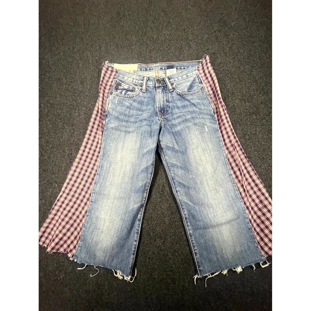Y2K Abercrombie & Fitch Jeans Women's 12 Blue Denim Plaid Side Panels Raw Hem